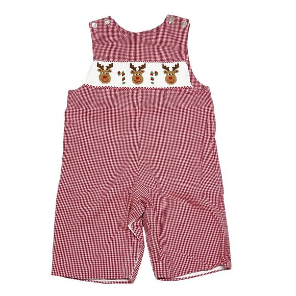 Anavini Smocked Reindeer Faces Shortall 3 mos Red Gingham Plaid - Picture 1 of 8